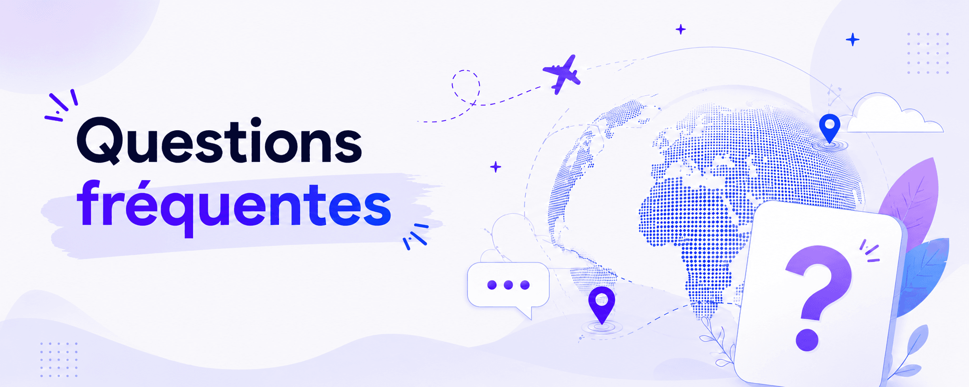 Globeasy FAQ illustration — globe, question marks, conversations